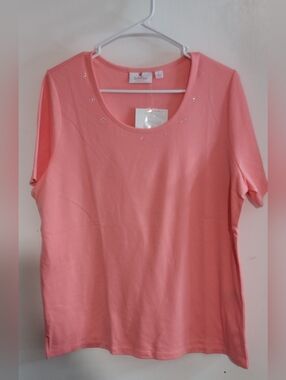 Quacker Factory Coral Short Sleeve Scoop Neck Top with Rhinestone Detail